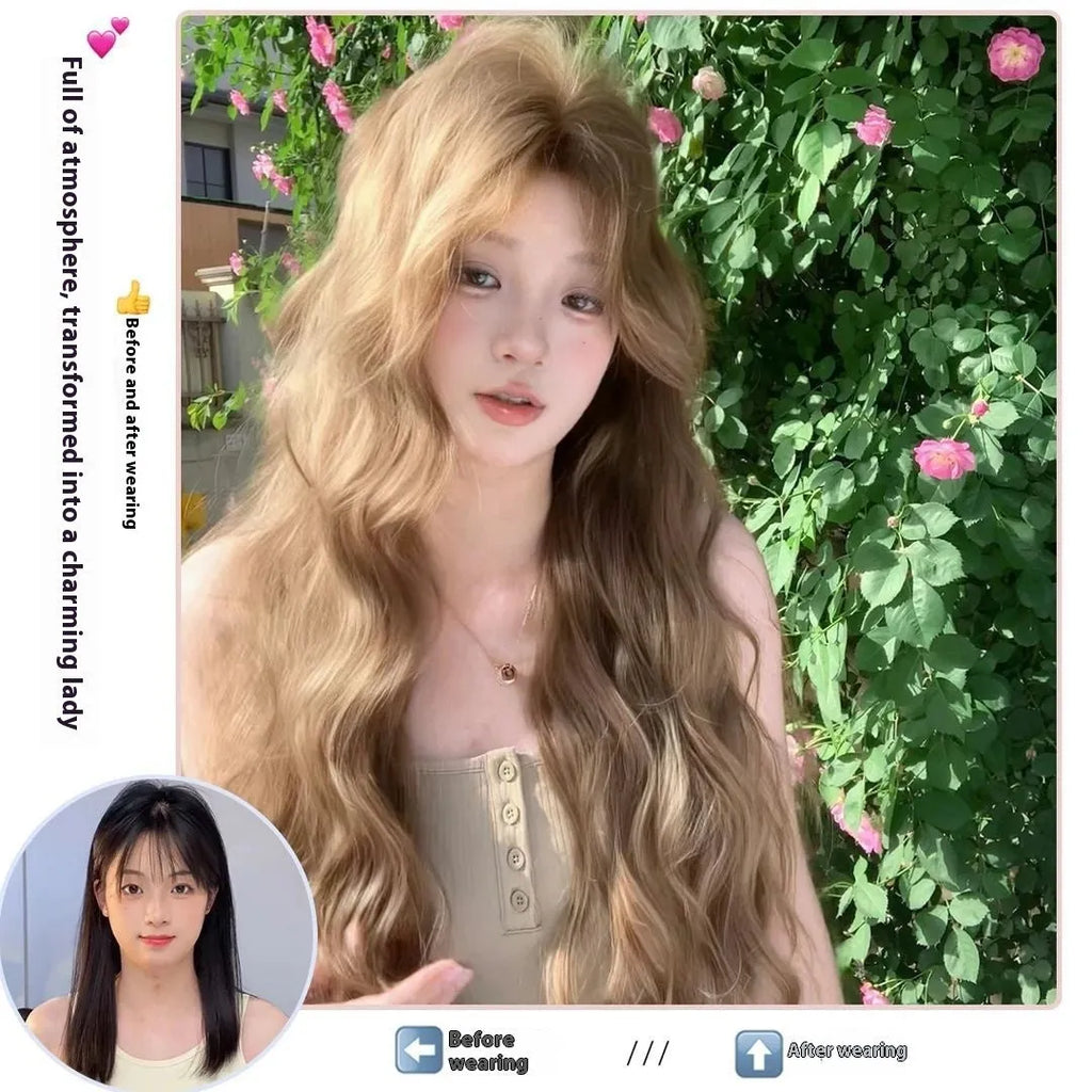 Medium size long curly wig in linen colour made from high temperature synthetic fibre.