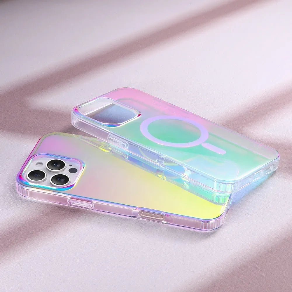 Glossy transparent iPhone case with chameleon colour effect on iPhone 14 Pro