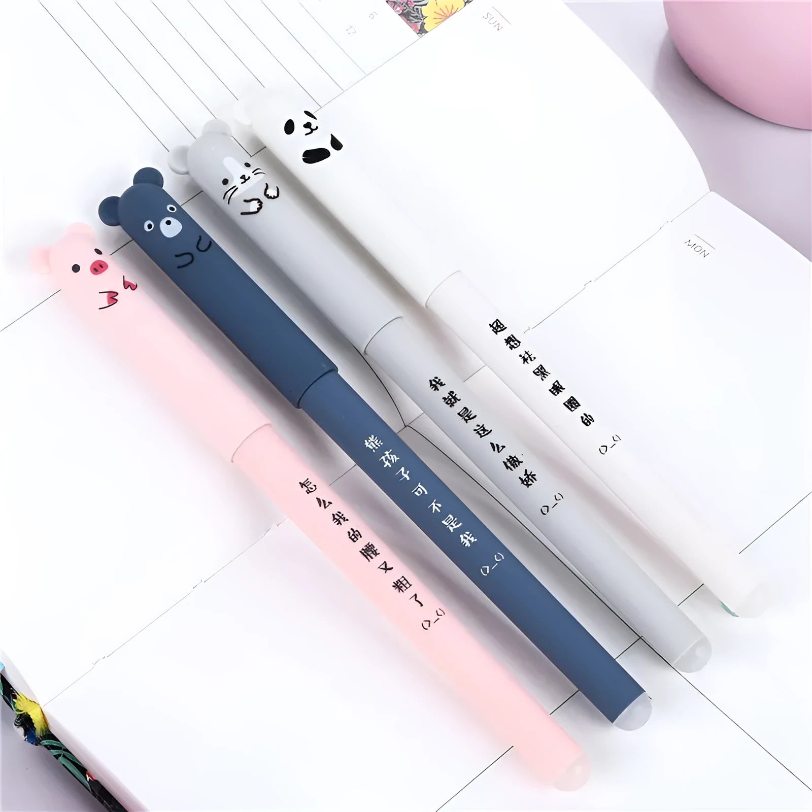 0.5mm needle tip hot-erasable pens in black, blue, and red with refill sets