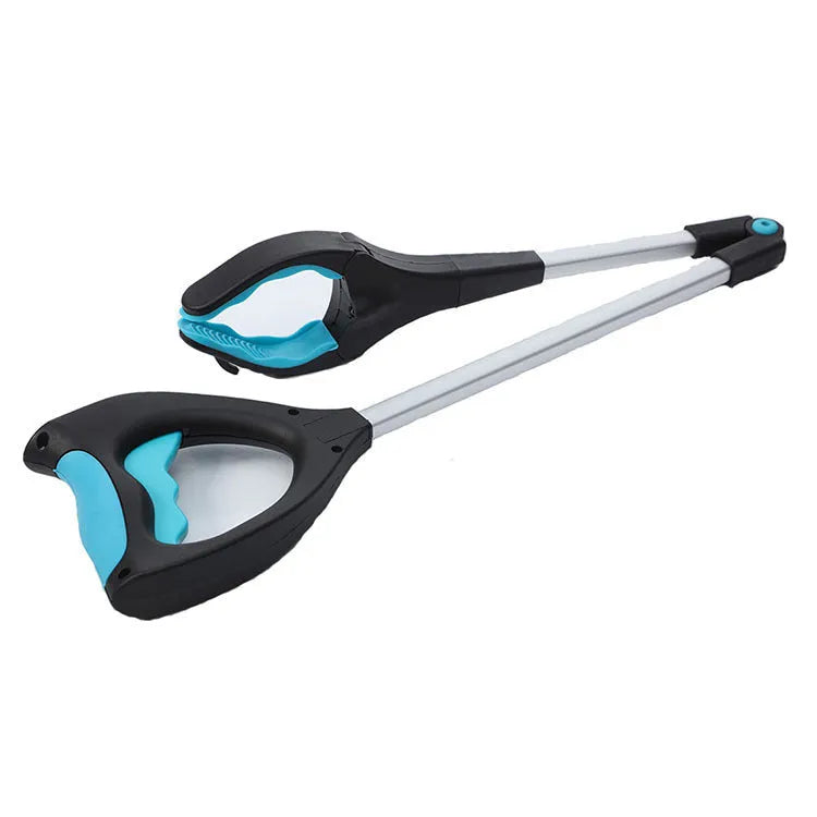 Blue foldable pickup tool with TPR grip and aluminium frame, shown extended to 83.5cm.