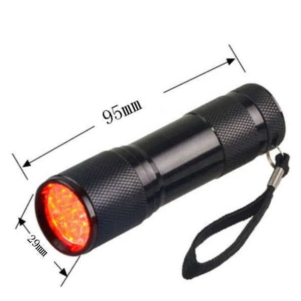 Black aluminium alloy Smart Vein Locator with red LEDs, measuring 29mm by 95mm, for vein finding and outdoor use.