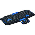 Black and blue wireless keyboard and mouse set with ergonomic design showing dimensions