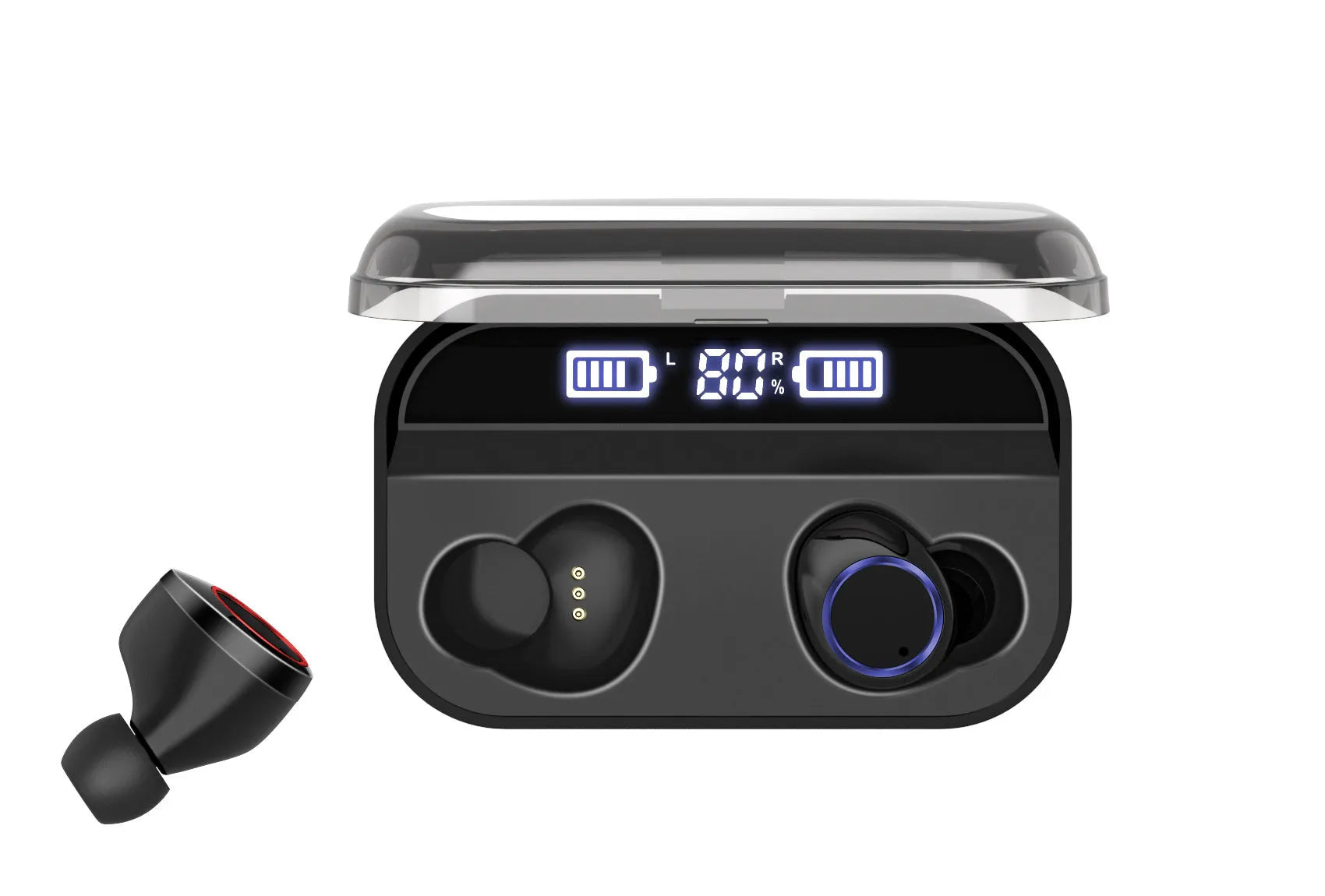 Black X11 Bluetooth wireless earbuds with charging case showing touch controls and included ear sleeves