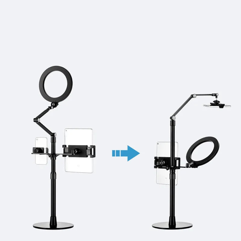 Black floor-standing mobile phone tablet holder with vertical folding rotation and fill light