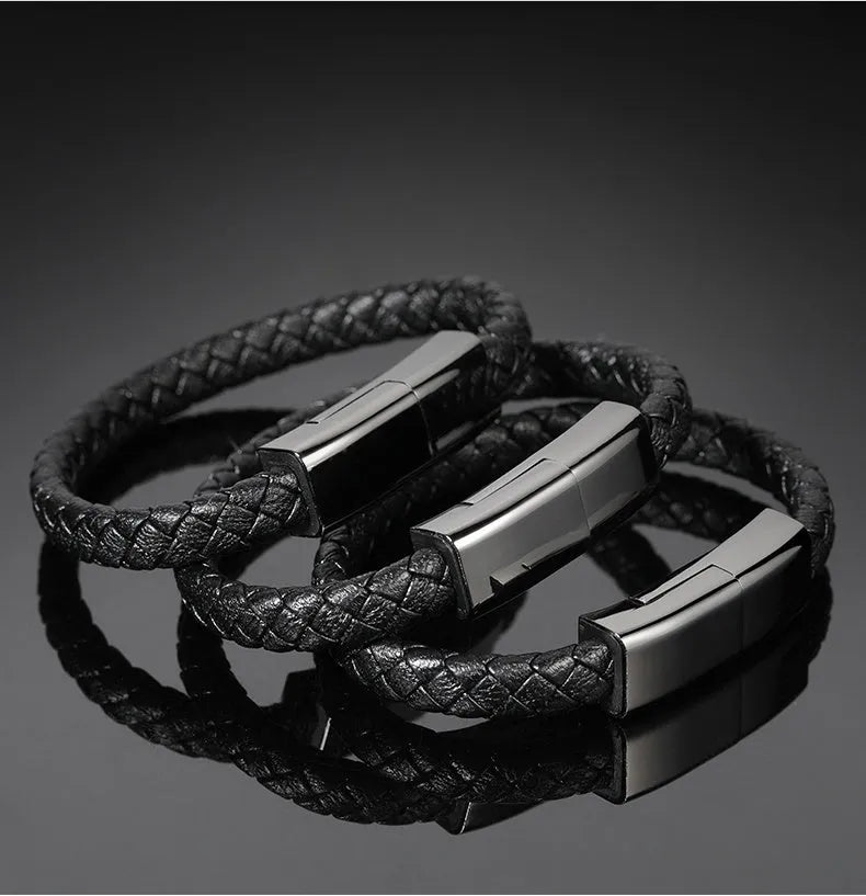Brown braided double-line USB charging cable in a presentation gift box.