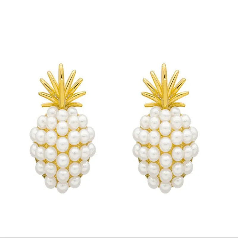 Korean style pineapple starfish pearl earrings in alloy with electroplated finish and stone inlay