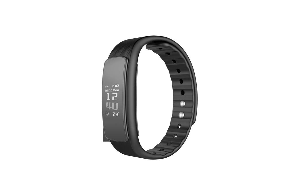 Black I6 smart sports bracelet with a 0.96-inch display on a grey background.