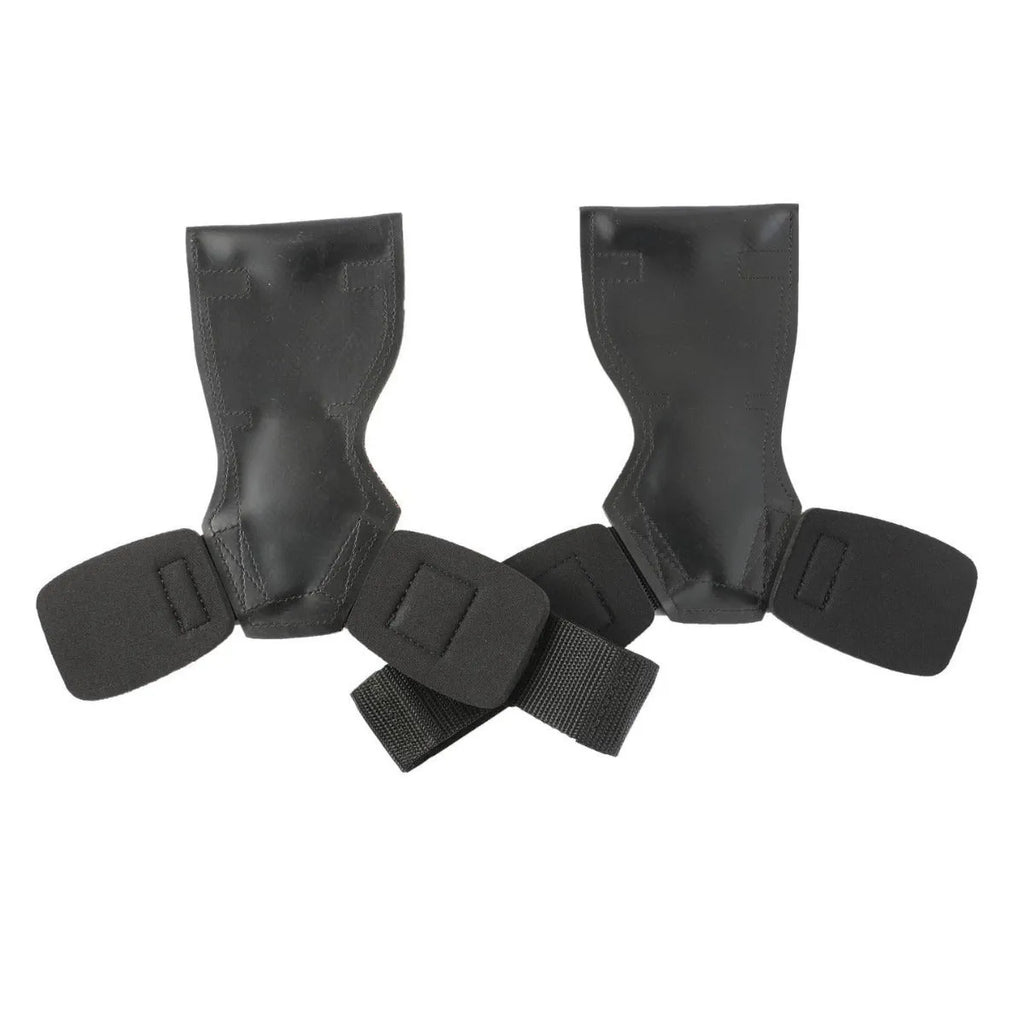 Black rubber non-slip weightlifting palm protectors with an assist belt for rock climbing.