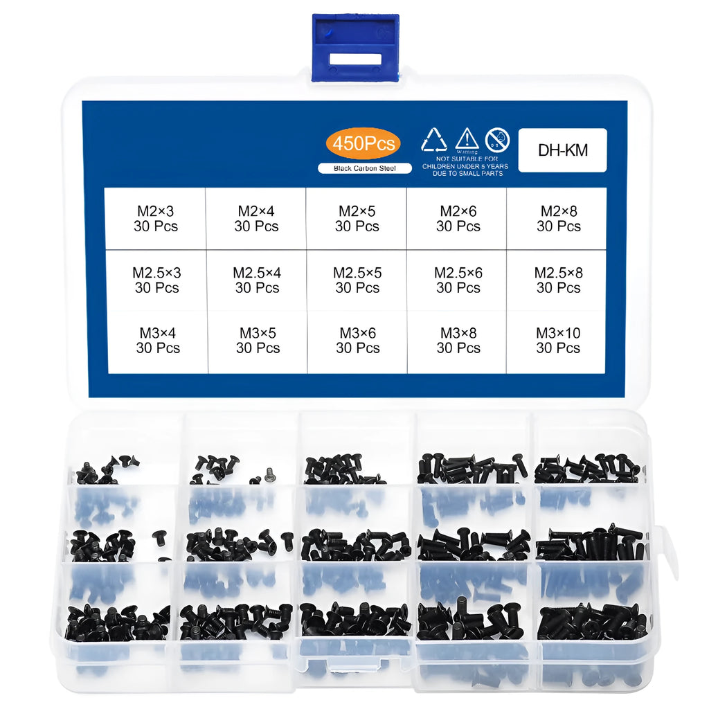 Black carbon steel countersunk head machine screws for laptop repair, 1.4mm diameter.