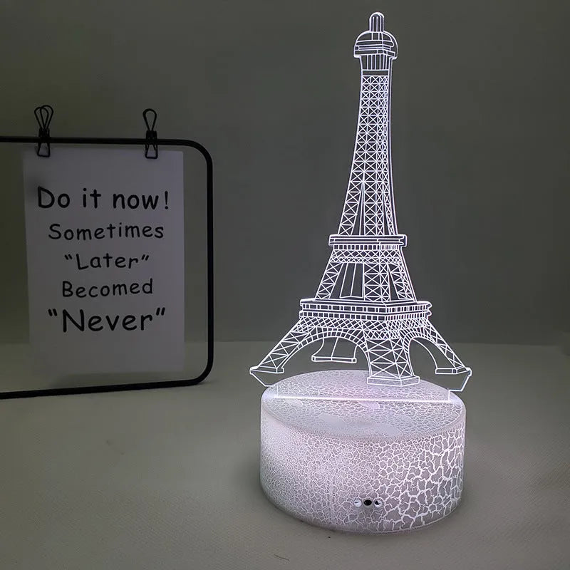 Seven colour Eiffel Tower silhouette 3D visual acrylic table lamp with touch control.