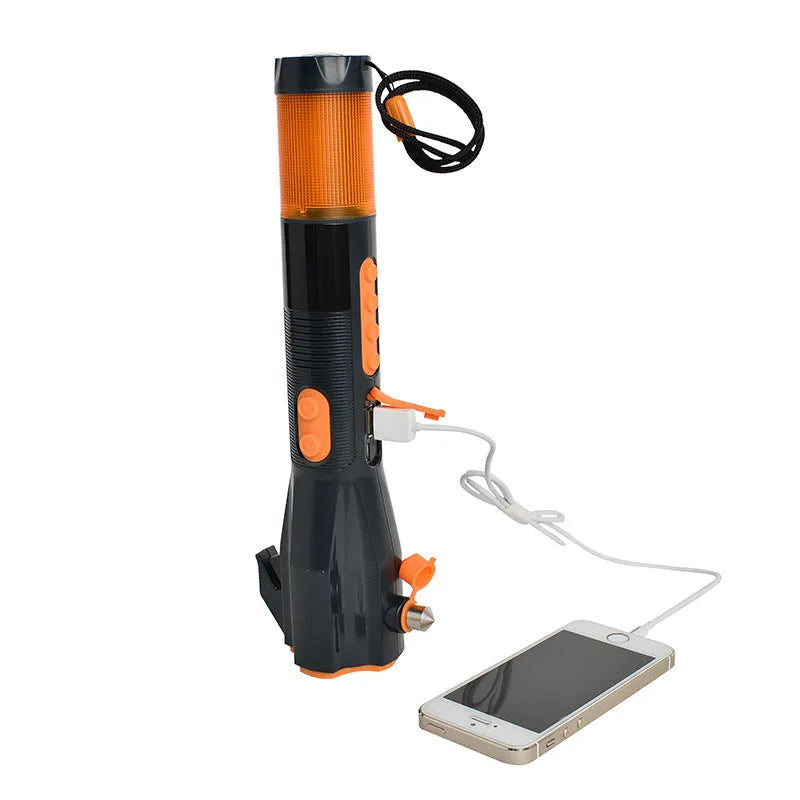 Car safety hammer with window breaker, seat belt cutter, LED light, hand crank, USB charging, gray orange, 27.5 x 9.5 x 5.8 cm