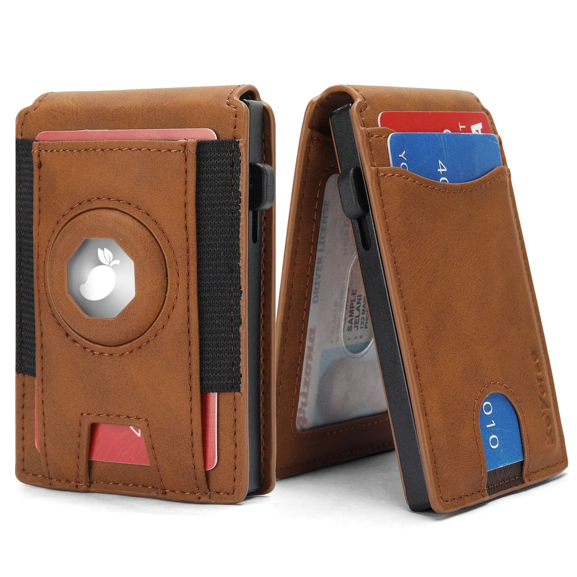 Slim synthetic leather men's card holder wallet in black, dark brown, and light brown colours.