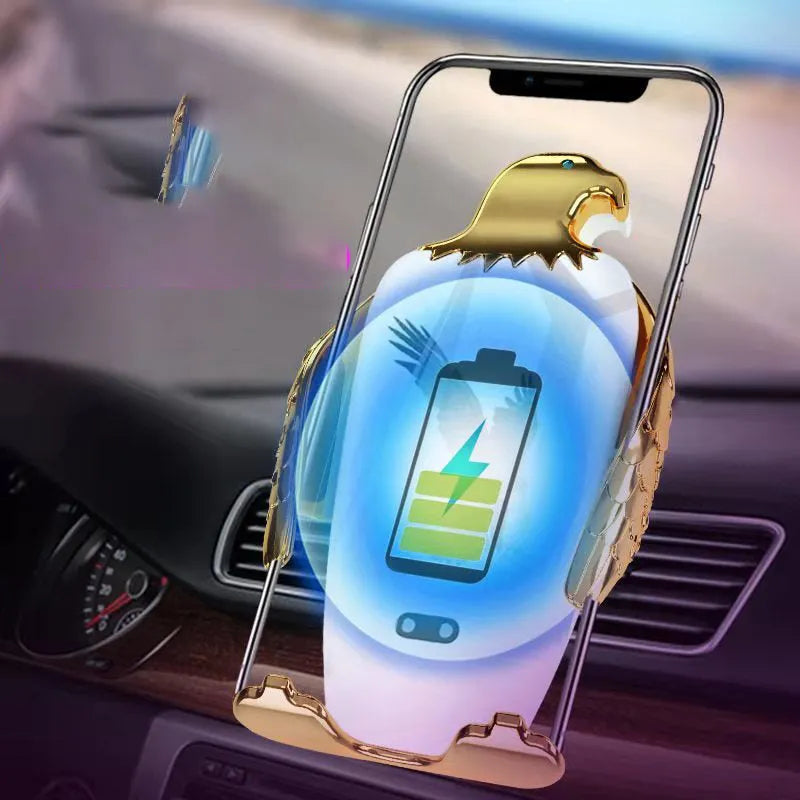 Car phone holder with wireless charging base and suction cup mount in Eagle style design