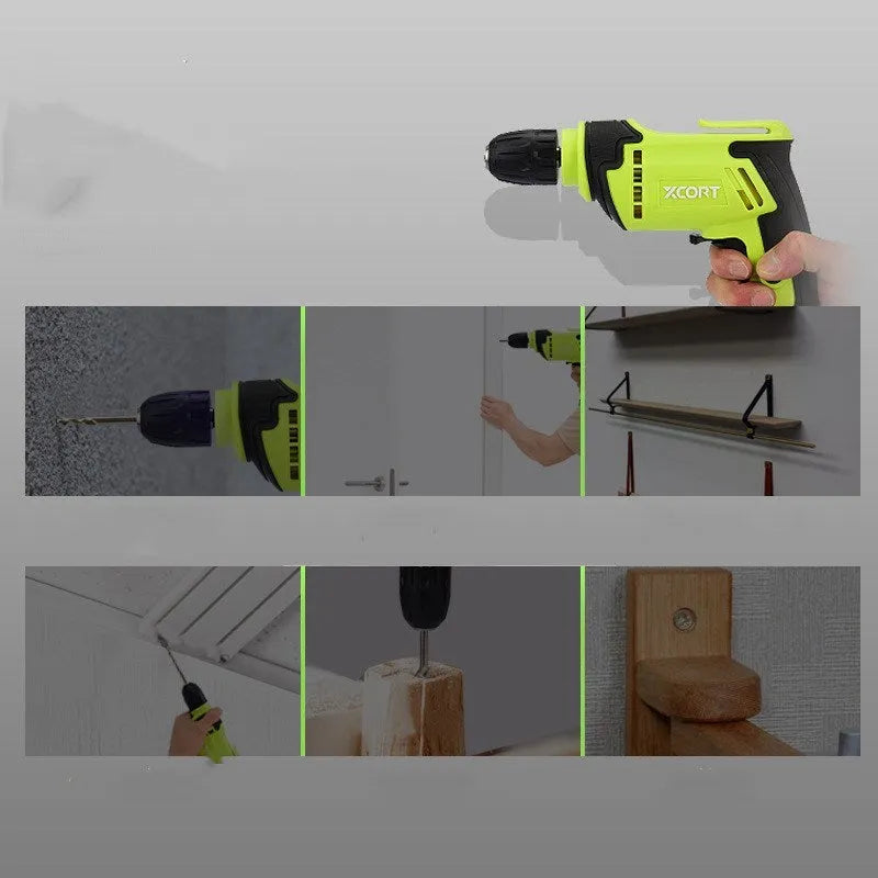 Pistol grip electric drill with 450W motor, 10mm chuck, and dimensions 24x24x7cm for drilling wood, aluminium, and steel