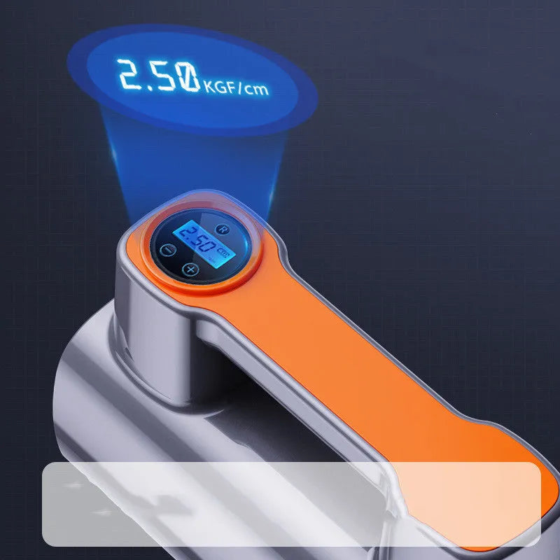 Black portable tyre inflator with digital LCD screen, USB charging port, and built-in battery.