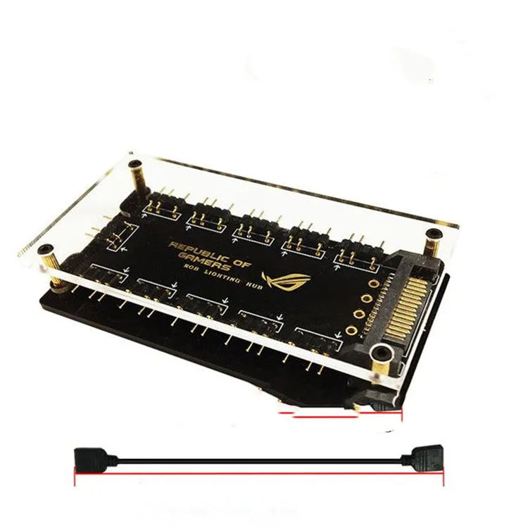 Black 10-port PC RGB lighting hub with 5V motherboard cable and SATA power connector.