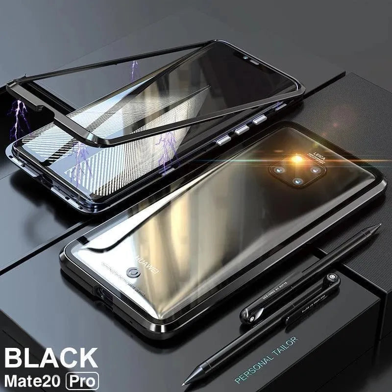 Magnetic phone case with 9H tempered glass back and metal frame in black, showing precise port cuts