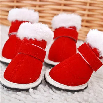 Red cotton pet shoes in sizes S to 2XL, shoe length 4.5 to 6.5 cm, width 3.2 to 5 cm