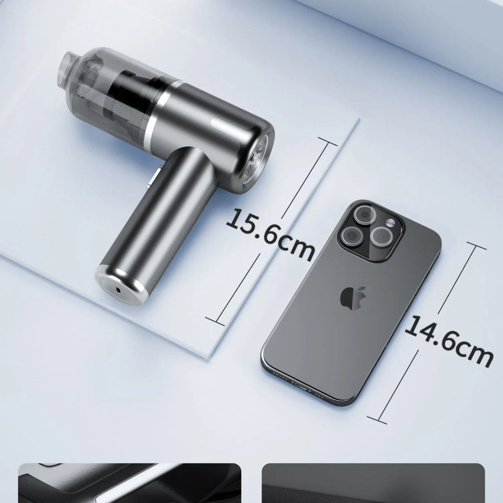XY-2317 wireless handheld vacuum cleaner with attachments and car mount on a table