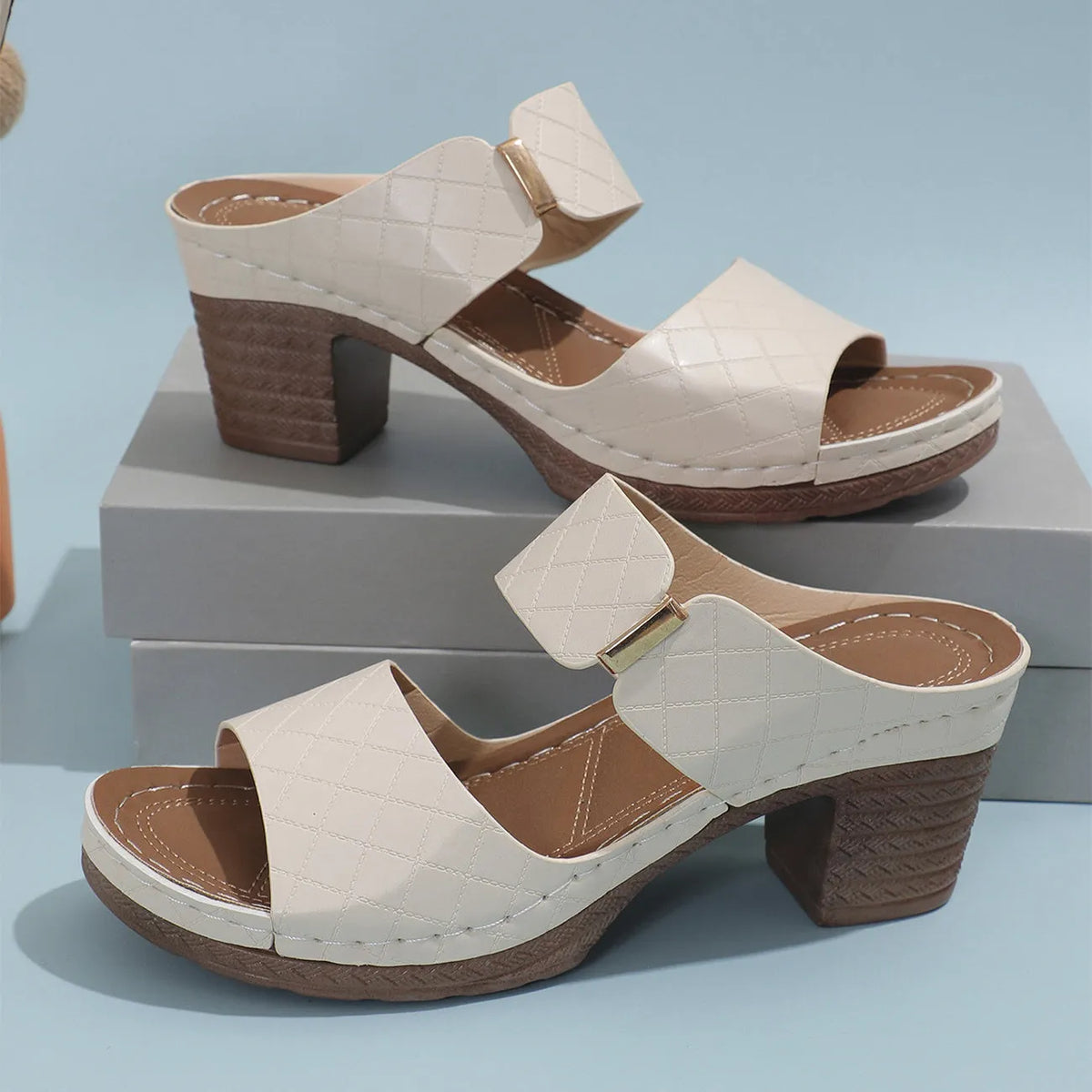 Women's chunky heel sandals with round toe, PU upper, plaid slides design and rubber sole in black beige green grey