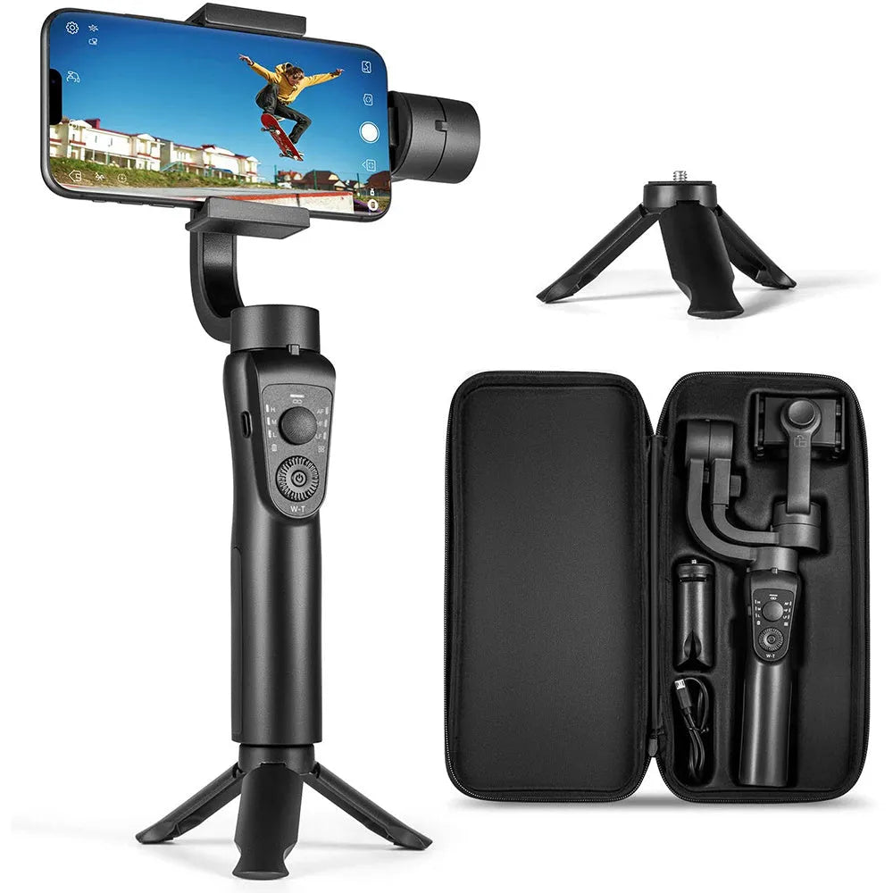 Black three-axis handheld gimbal stabilizer for mobile phones showing 10.8cm length by 7cm width dimensions