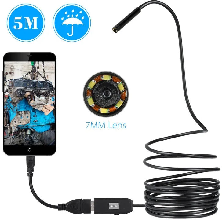 OWSOO USB endoscope camera with 5m cable, 6 LED lights, 7mm lens, and attachments including hook and magnet