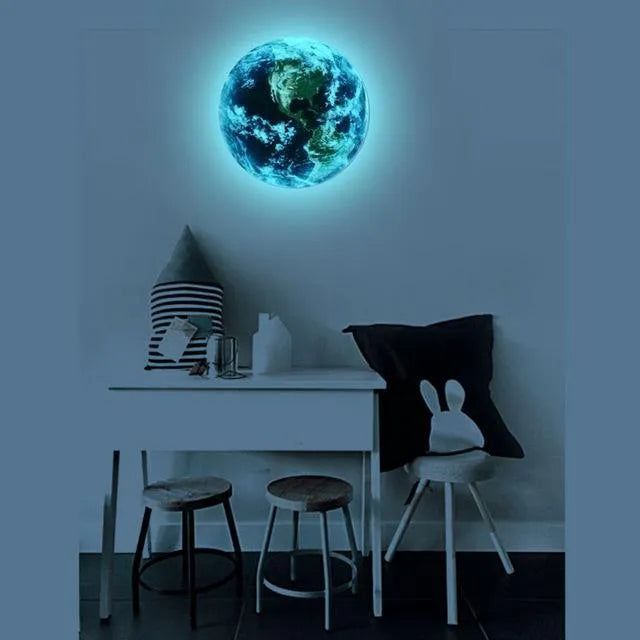 Glow in the dark 3D Earth wall sticker with self-adhesive backing, showing luminous effect in darkness