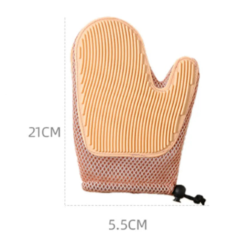 Cat hair removal glove in dark blue, measuring 21cm by 5.5cm, with mesh and TPR materials for grooming.