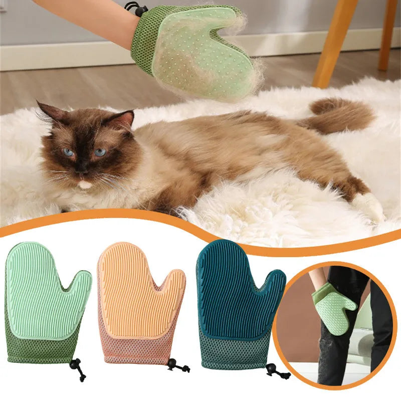 Cat hair removal glove in dark blue, measuring 21cm by 5.5cm, with mesh and TPR materials for grooming.