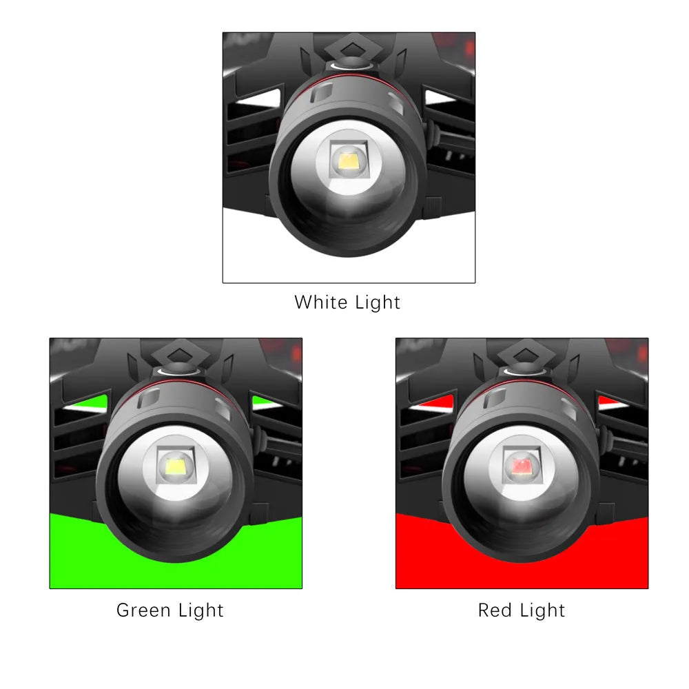T6 LED headlamp with zoomable head, showing white, red, and green light options, powered by 18650 batteries