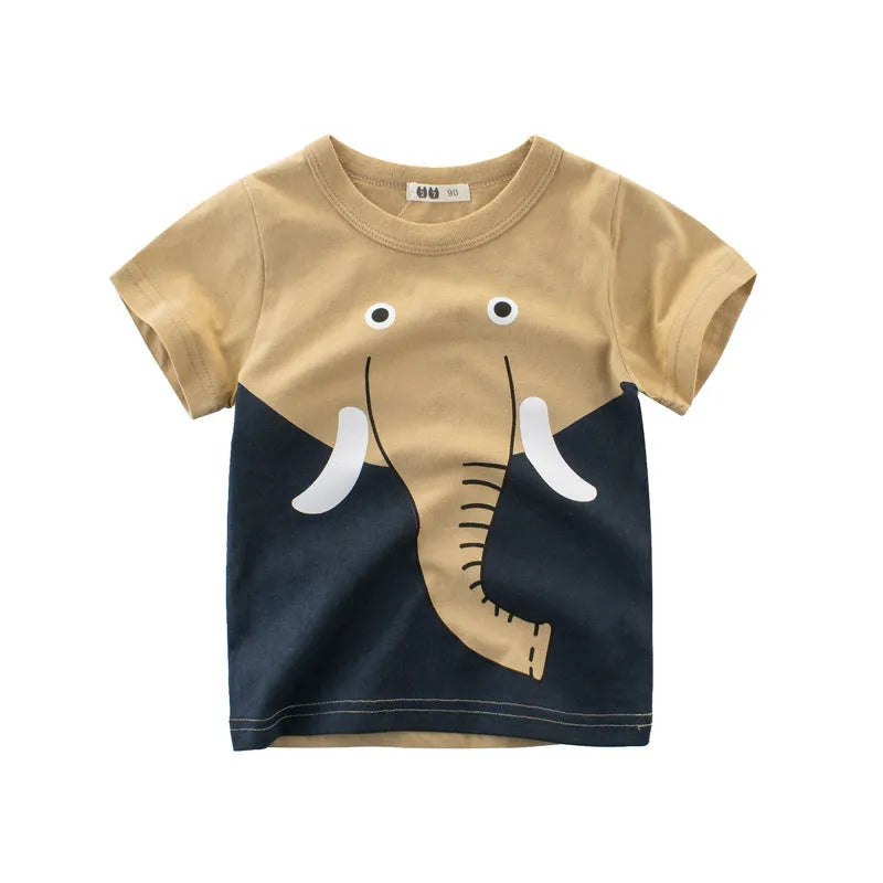 Children's cotton T-shirt with green lion print, showing size chart for 90cm to 140cm.