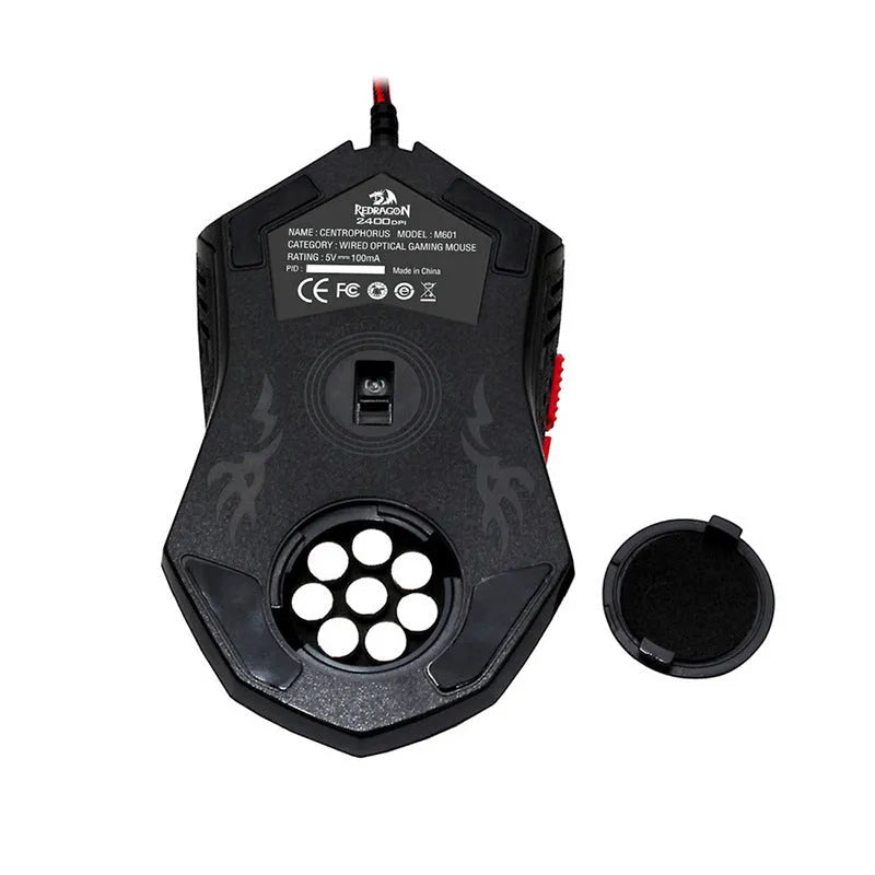 Black and red wired USB ergonomic gaming mouse on a desk.