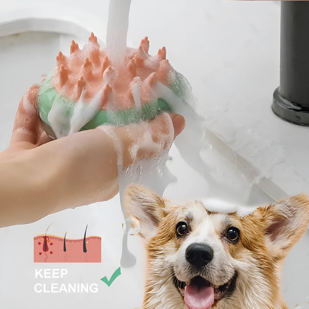 Blue pet grooming brush with shampoo dispenser and silicone bristles for dogs and cats