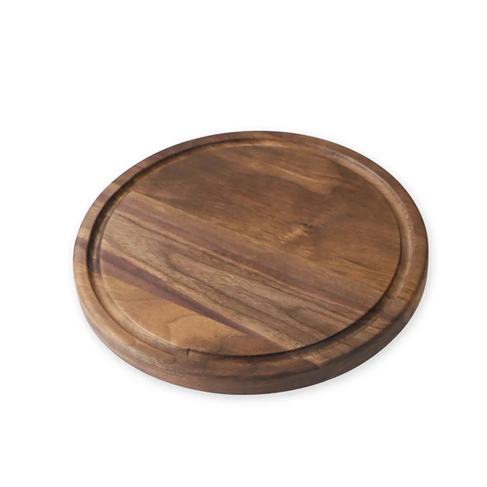 Black walnut wood cutting board with sauce groove and side handle in round and rectangular sizes