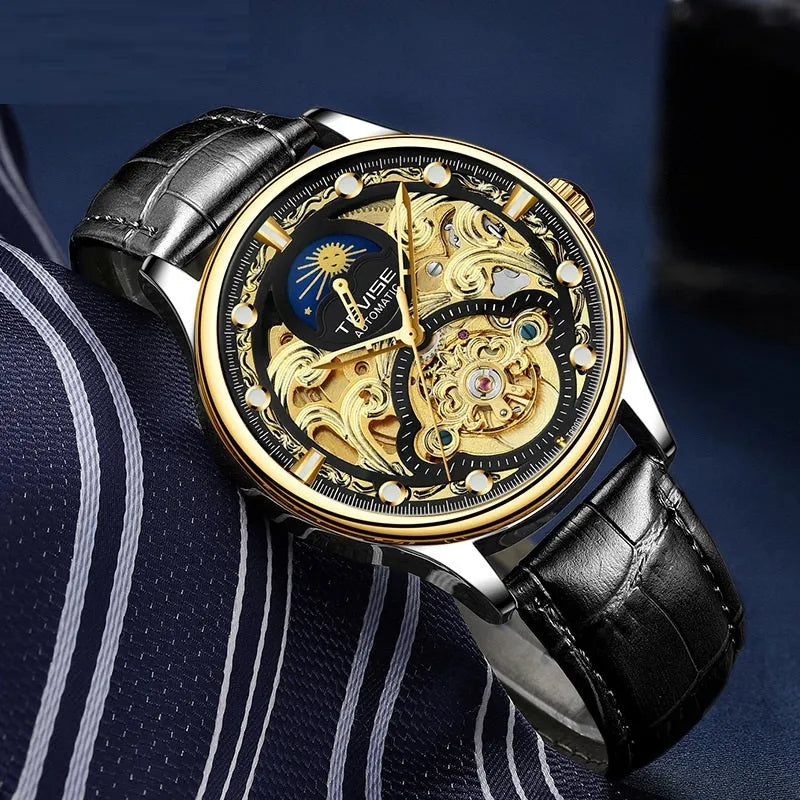 Men's waterproof mechanical watch with gold leather strap, 16mm thickness, and business style design