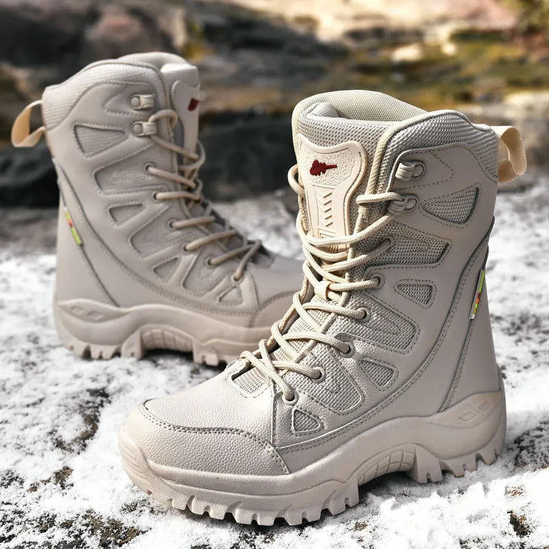 Men's hi-top hiking shoes in beige with cowhide upper, suitable for outdoor activities like running and climbing