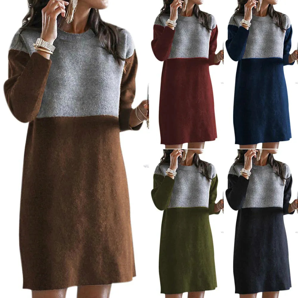 Brown women's loose-fit polar fleece sweater dress with long sleeves, round neck, and decorative collage stitching detail.