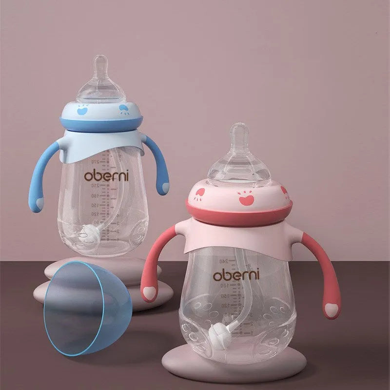Blue wide caliber baby bottle with handle, anti-colic design, 300ml capacity