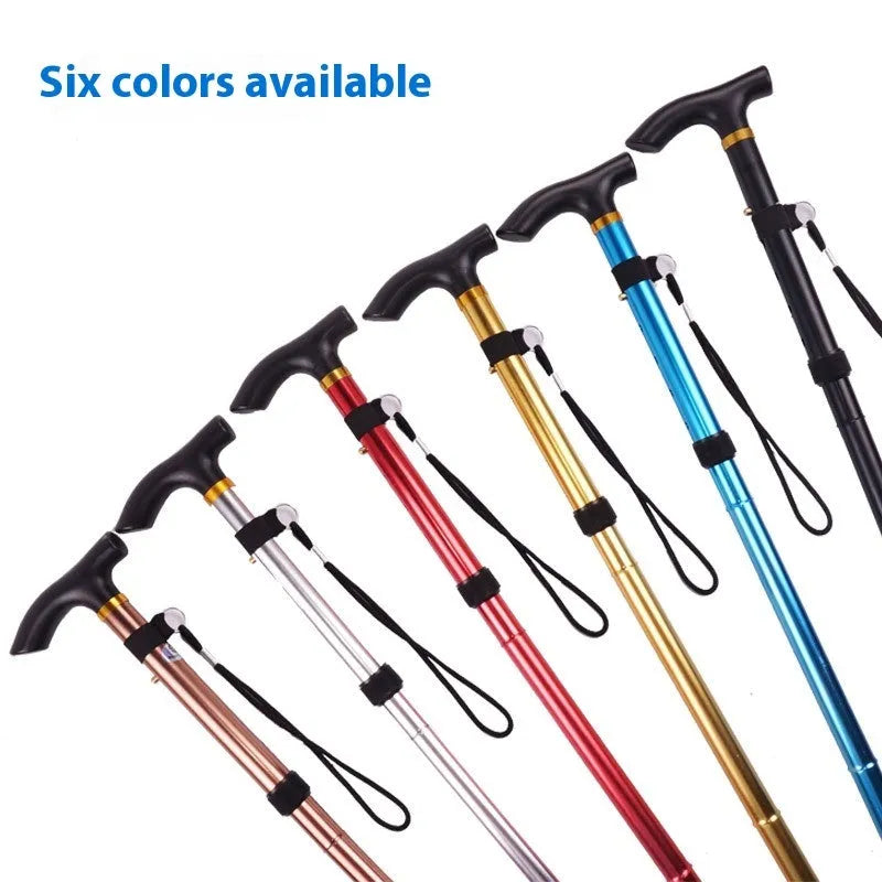 Aluminium alloy folding cane extended to 95cm with non-slip rubber tip, showing adjustable sections and folding mechanism