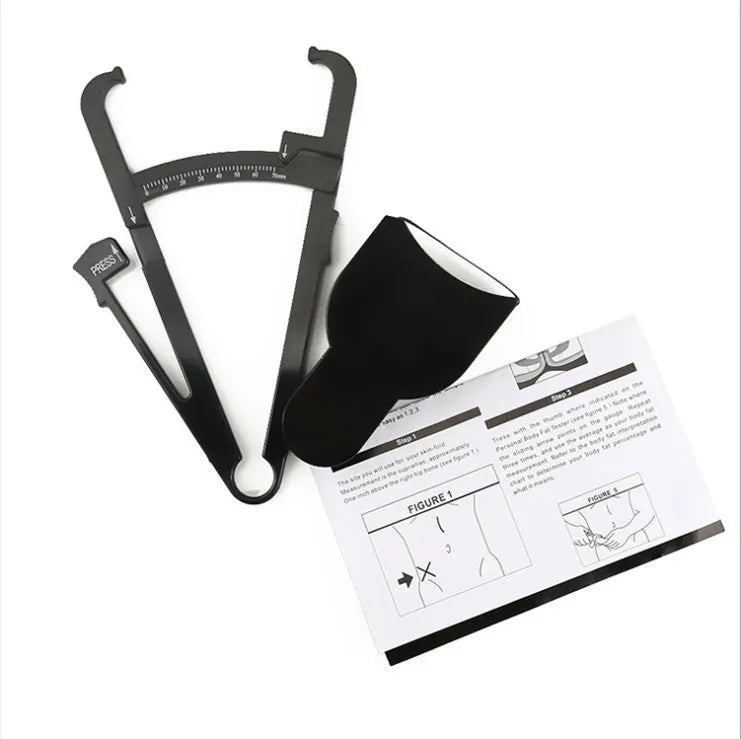 Black body fat skinfold caliper with measuring tape for body composition assessment