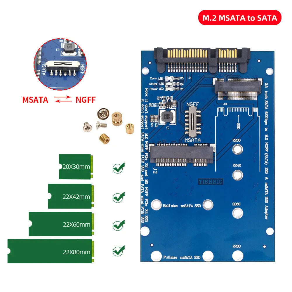 SATA3 to M.2 NGFF mSATA SSD conversion adapter board measuring 50mm x 30mm in black or blue colour