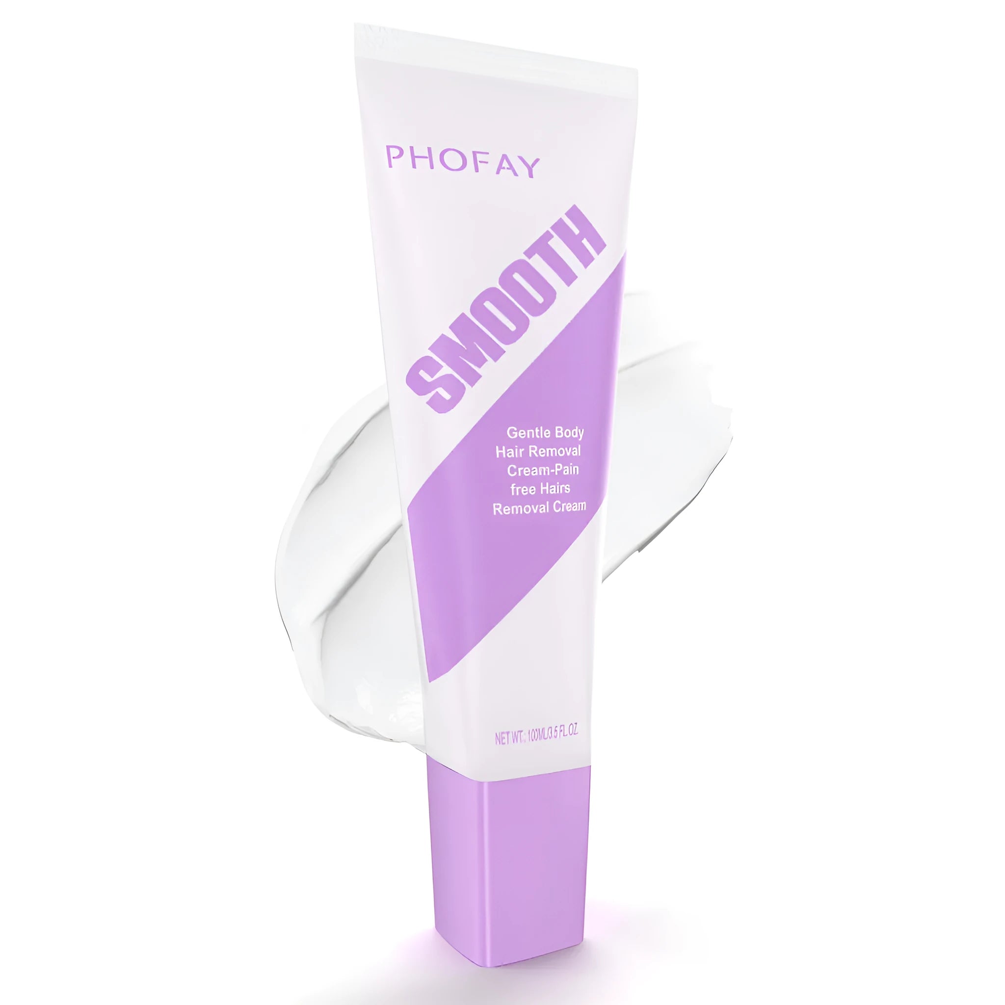 PHOFAY pain-free hair removal cream tube and included scraper tool, shown in two colour options.