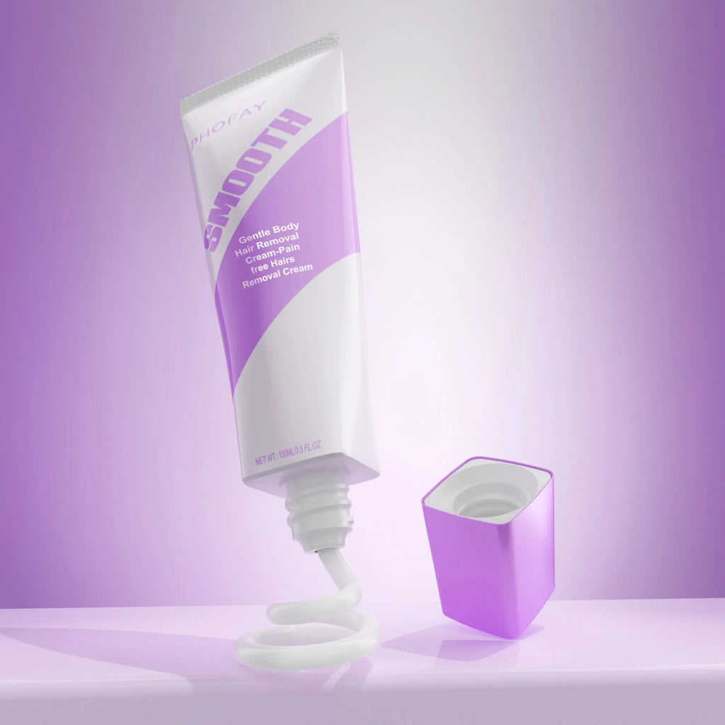 PHOFAY pain-free hair removal cream tube and included scraper tool, shown in two colour options.