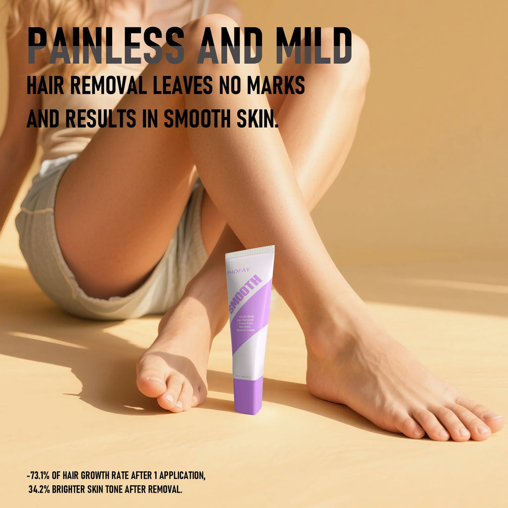 PHOFAY pain-free hair removal cream tube and included scraper tool, shown in two colour options.