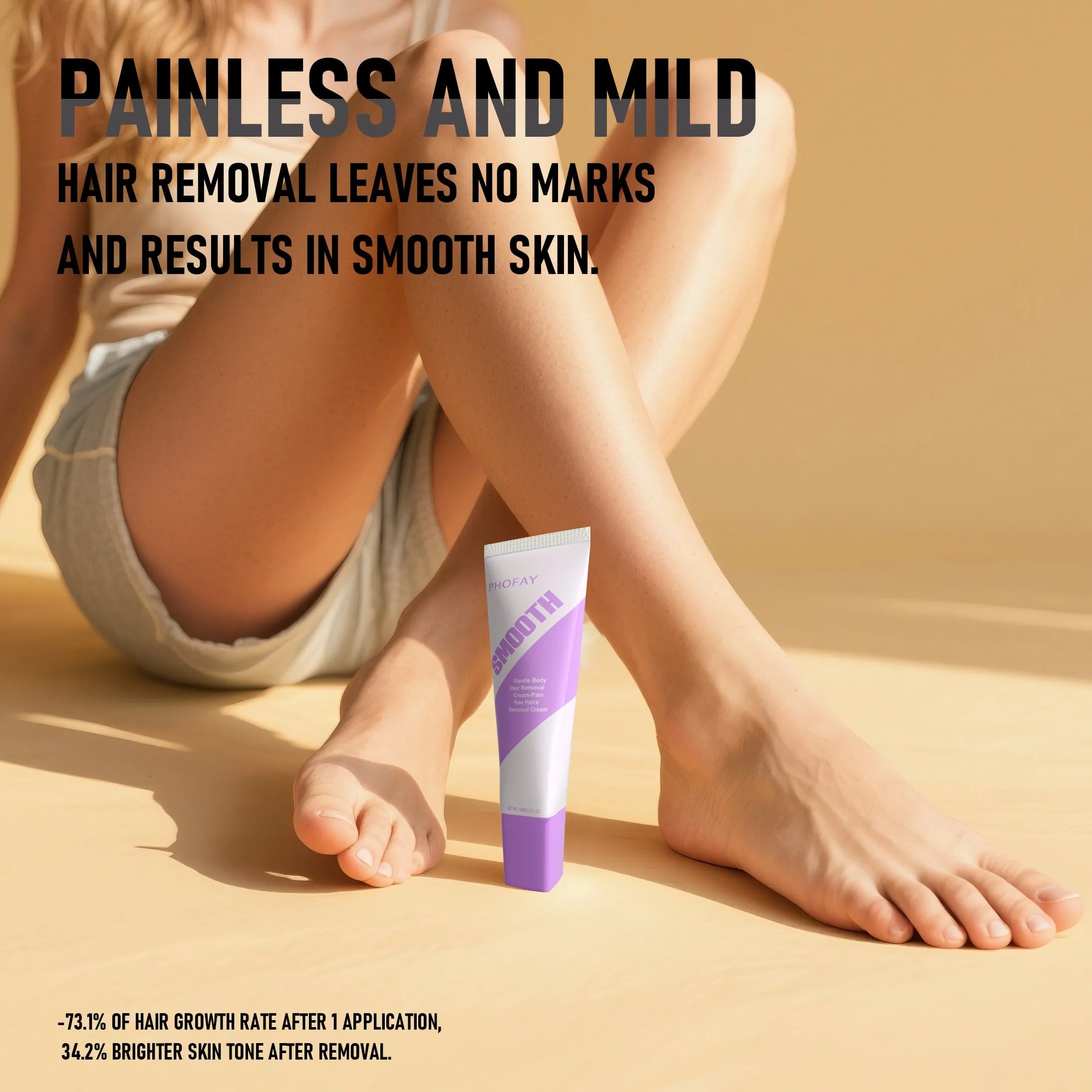 PHOFAY pain-free hair removal cream tube and included scraper tool, shown in two colour options.