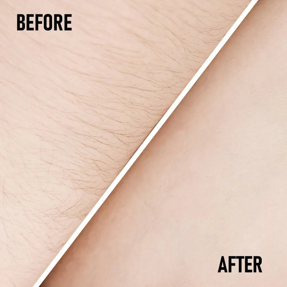 PHOFAY pain-free hair removal cream tube and included scraper tool, shown in two colour options.