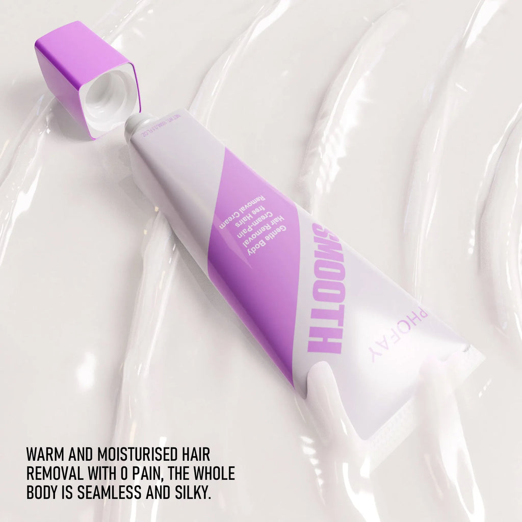 PHOFAY pain-free hair removal cream tube and included scraper tool, shown in two colour options.
