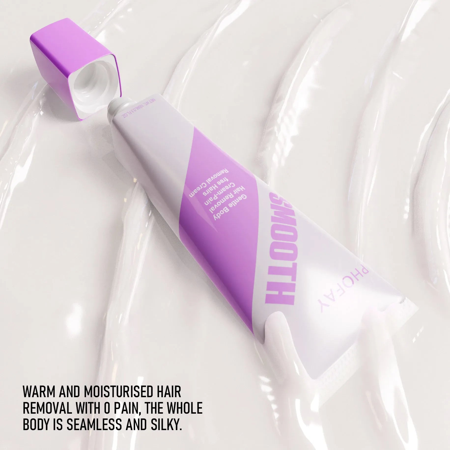 PHOFAY pain-free hair removal cream tube and included scraper tool, shown in two colour options.