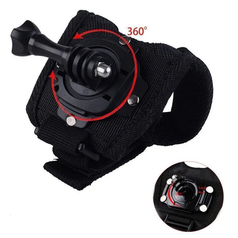 GoPro action camera mounted on a black adjustable wrist strap with 360-degree rotating connection.