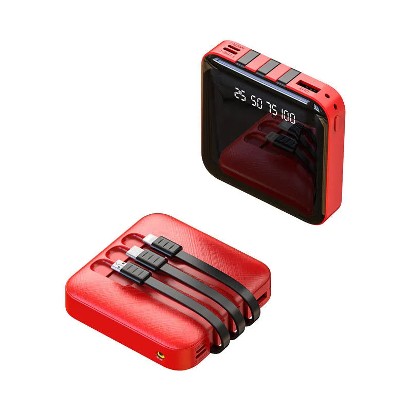 Black power bank with integrated charging cable showing 20000mAh capacity and compact 80mm dimensions